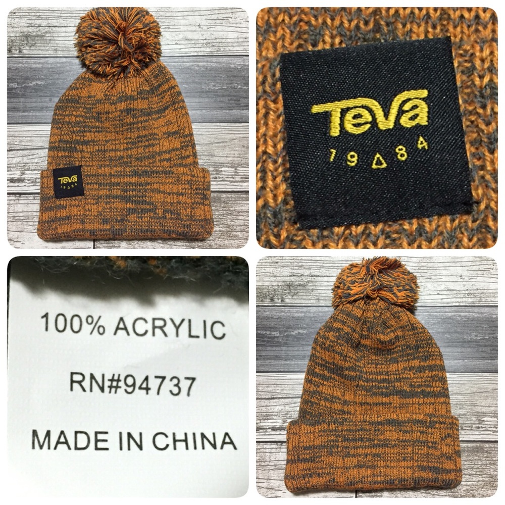 Teva beanie men’s one size orange/gray Pom NWOT